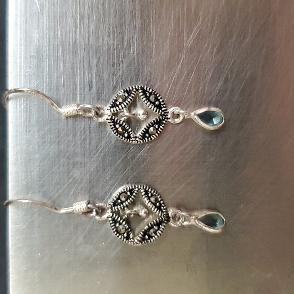 Sterling Silver Marcasite & Simulated Montana Stone Drop Earrings